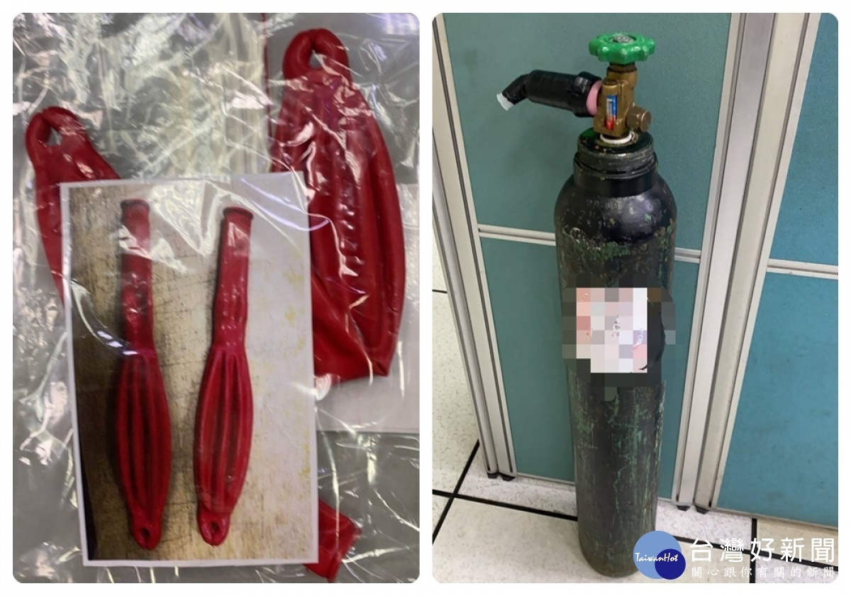 警方並當場查扣笑氣鋼瓶乙支及氣球兩個(吸食笑氣用)