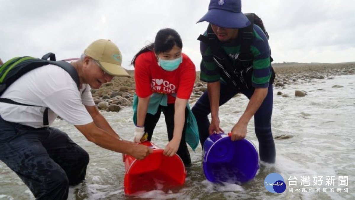 桃市府海岸管理工程處為響應國際淨灘行動,在竹圍漁港北岸海灘舉辦魚苗放流及淨灘活動。