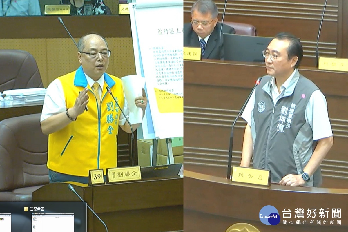 桃園市議員劉勝全質疑桃捷公司董事長劉坤億「報明牌」涉嫌圖利廠商,於議事堂上進行質詢。