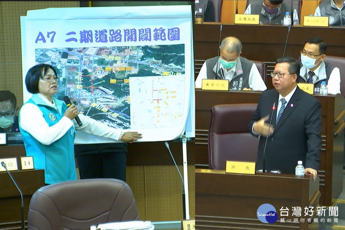針對龜山地區建設,桃園市議員林俐玲在議事堂上質詢桃園市長鄭文燦。