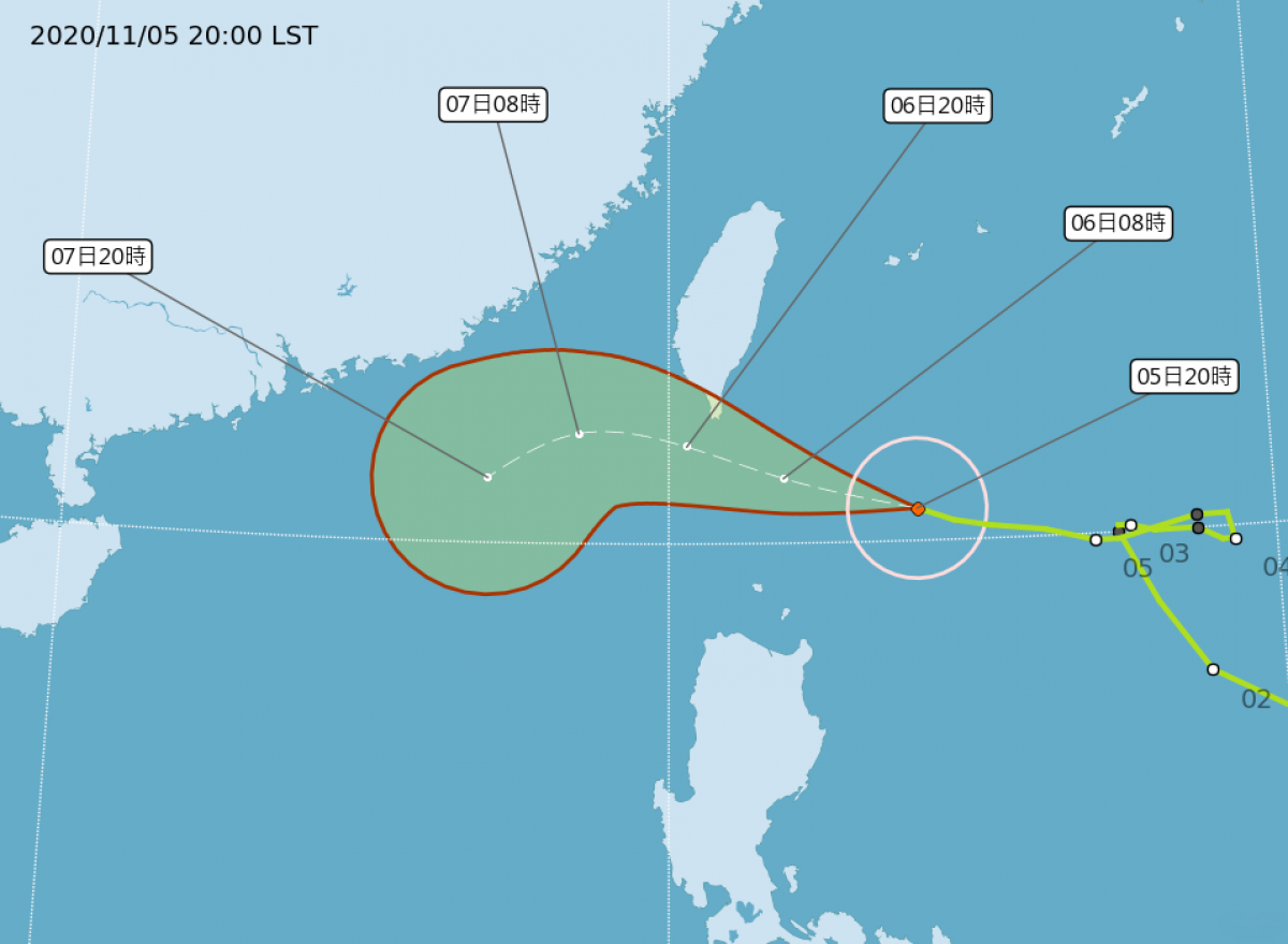 氣象局已於5日晚間20時30分，針對台東（含蘭嶼、綠島）、屏東、恆春半島發布輕颱「閃電」陸上警報，閃電颱風也成為今（2020）年台灣本島首次發布陸上颱風警報的颱風。（圖／中央氣象局）