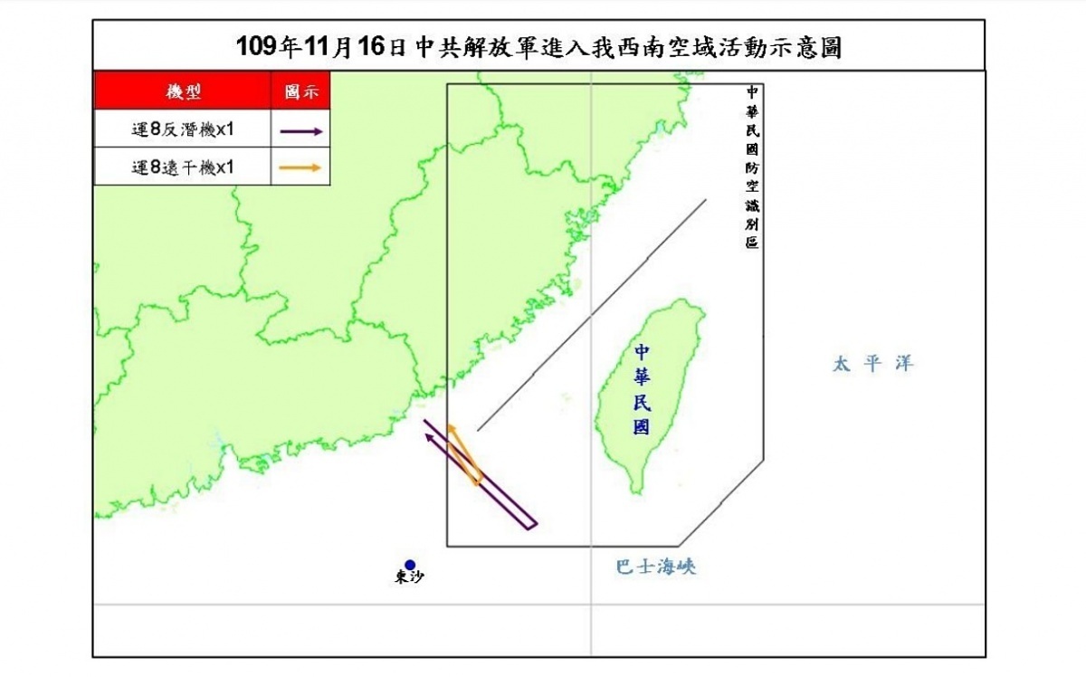 國防部16日傍晚證實，共軍共有運8反潛機、運8遠干機各1架次，進入我西南方空域，這已是11月至今，中共第24架次軍機近台。（圖／國防部）