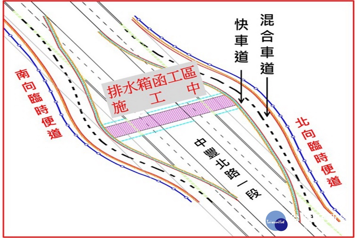 「桃園機場捷運A20站區區段徵收工程(基本設施)」中壢區中豐北路一段封閉後臨時便道圖。