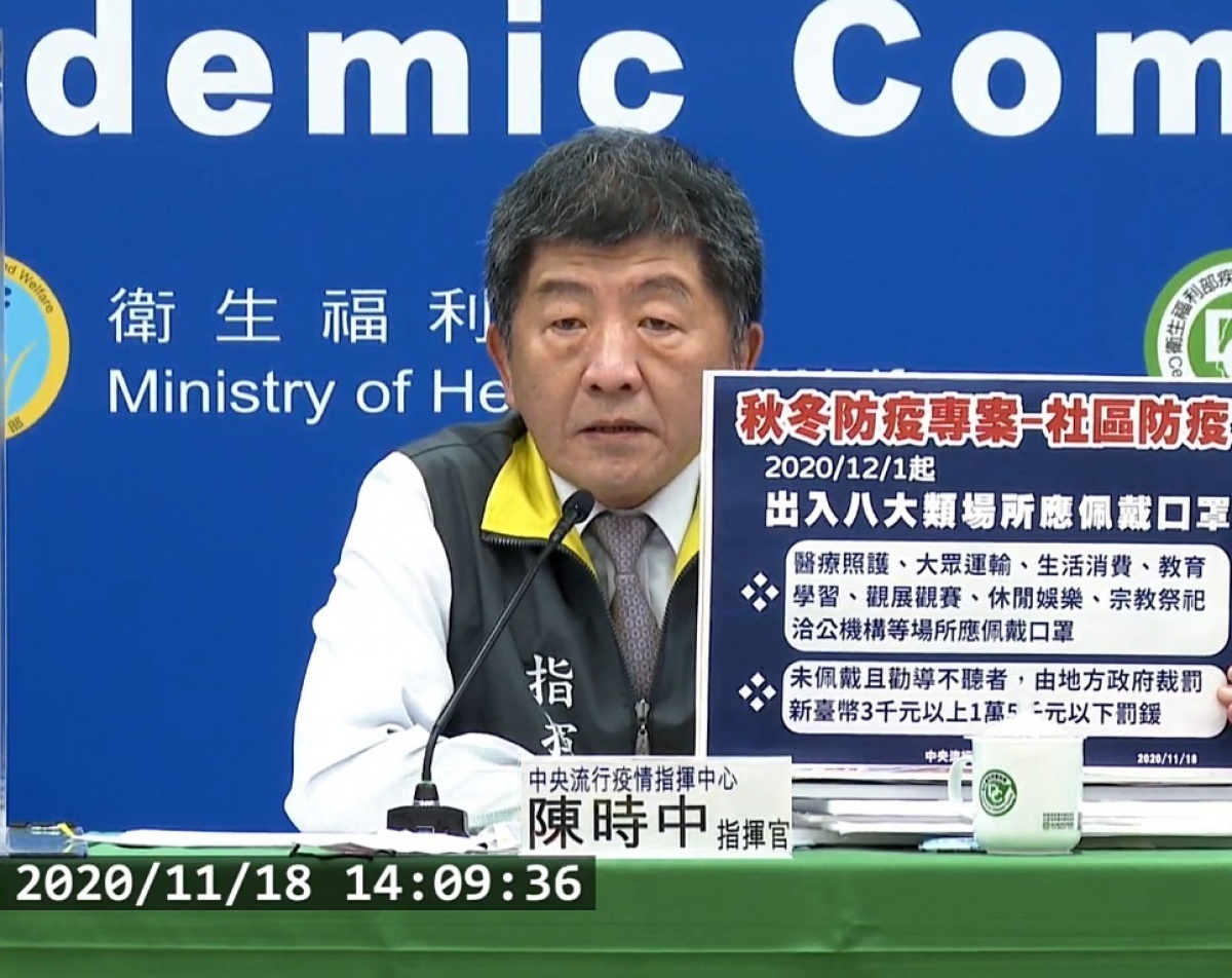 中央流行疫情指揮中心正式公布秋冬武肺疫情管制專案,並於12月1日正式實施,其措施包含國人自國外返台,須附3日內PCR陰性報告;八大類人潮擁擠或密閉場所,須強制佩戴口罩…等。(圖/衛福部疾管署YouTube)