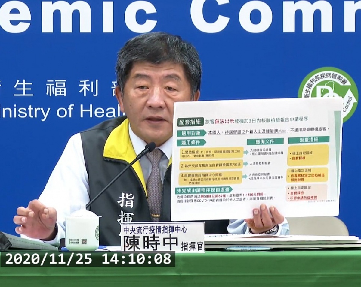 中央流行疫情指揮中心25日在武肺疫情週報記者會上重申,境外入台旅客不論本國籍或外國籍,登機前均須出示3日內COVID-19核酸檢驗報告,但也列出三種情況可免附報告,不過入境時仍須自費接受採檢。(圖/衛福部疾管署YouTube)