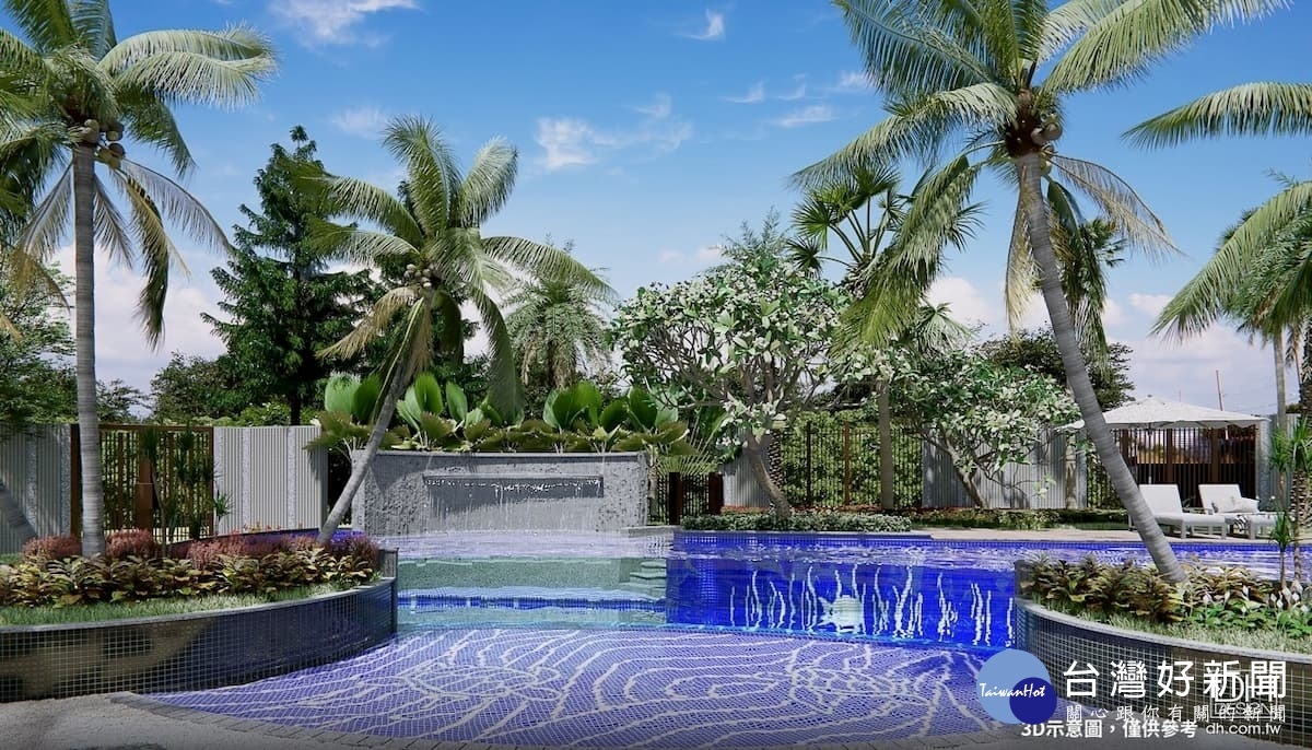 「惠國沐微風」渡假泳池採三層水瀑設計，囊括SPA、兒童戲水池、泳池等打造全齡設施。