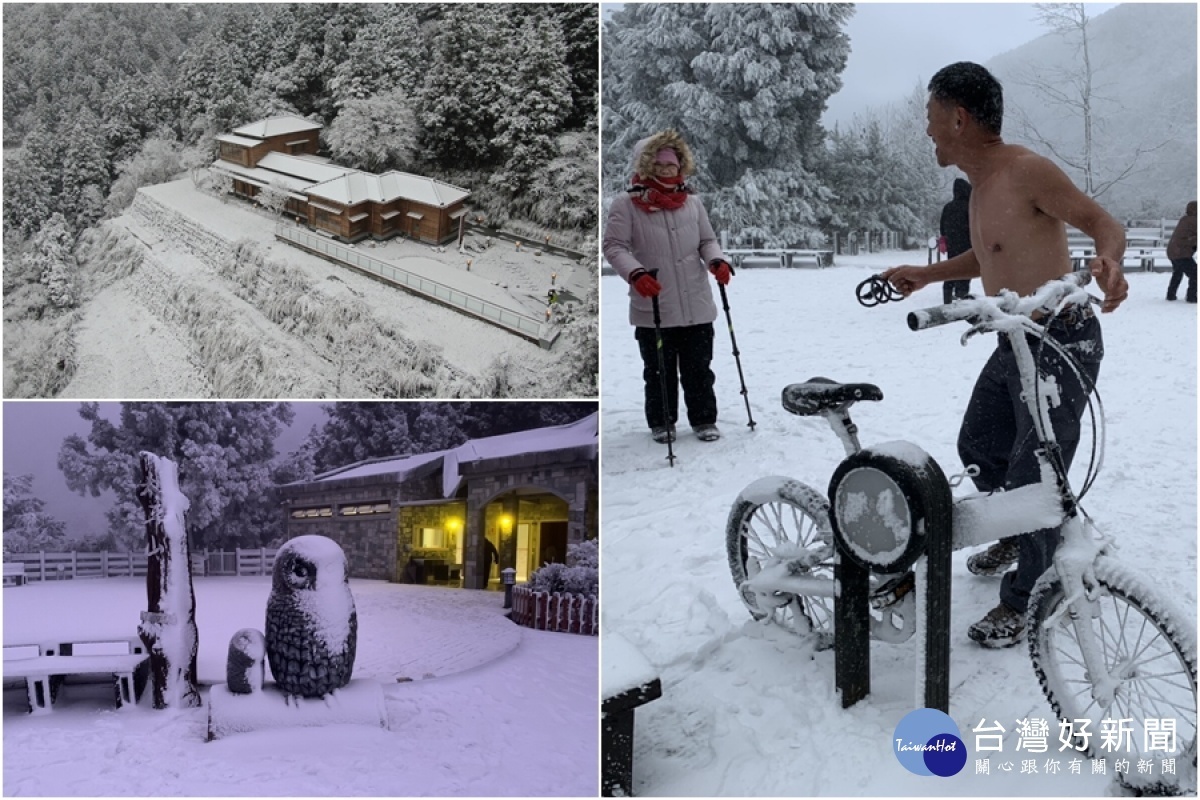 追雪單車男在太平山雪地，光著上半身狂歡。（圖∕太平山國家森林遊樂區提供）