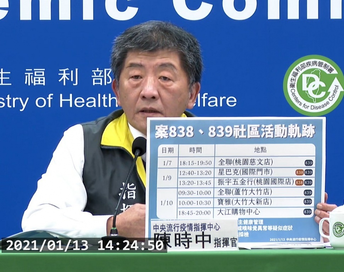 指揮中心13日完整公布案838、案839無法掌握接觸人士的出入公共場所與出入時間,提醒民眾應自主健康管理,若1月24日前出現發燒、呼吸道症狀或嗅味覺異常等疑似症狀,請至指定社區採檢院所由醫師評估採檢。(圖/衛福部疾管署YouTube)