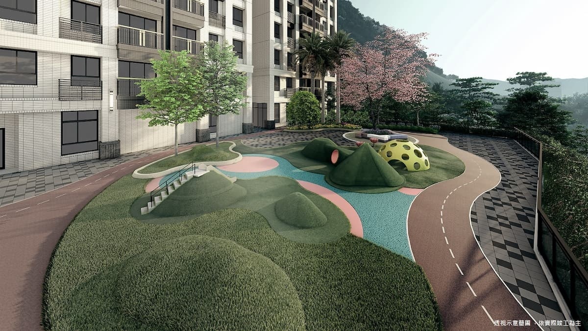 「景自慢」社區內規劃300坪中庭運動花園，提供住戶戶外安全休閒空間。