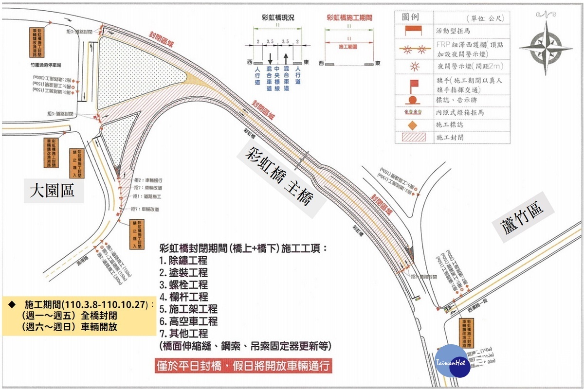 桃市大園區彩虹橋改善工程,3月8日起施工期間封閉車道。