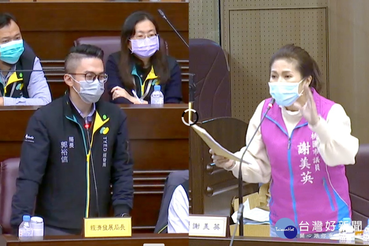 「桃園市自助選物販賣事業管理自治條例」罰則太重,桃園市議員謝美英質詢市府經發局長郭裕信。