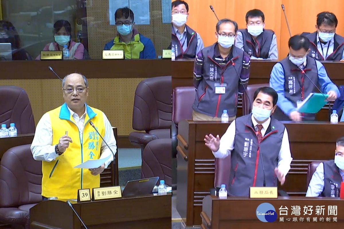 針對蘆竹區4條主要河川改善問題,桃園市議員劉勝全質詢市府水務局長劉振宇。