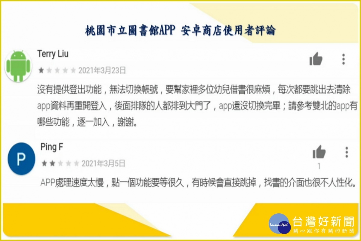 桃園市議員劉勝全列出圖書館APP安卓商店使用者的評語，要求文化局儘速加以修復改善。