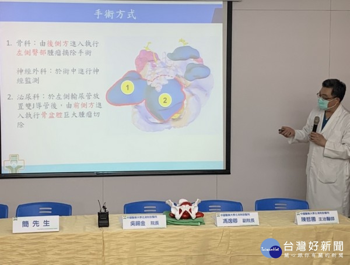 病患因臀部及骨盆腔巨大軟組織腫瘤,導致血尿及左腿麻痛,媽祖醫院訂製立體器官數位模型,提供精準觀察腫瘤與解剖選擇,保留病人器官最大功能。
