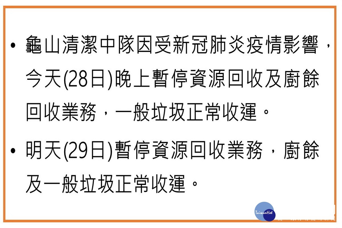 桃園市政府環保局公告,受新冠肺炎影響,龜山區28、29日資收物停收。