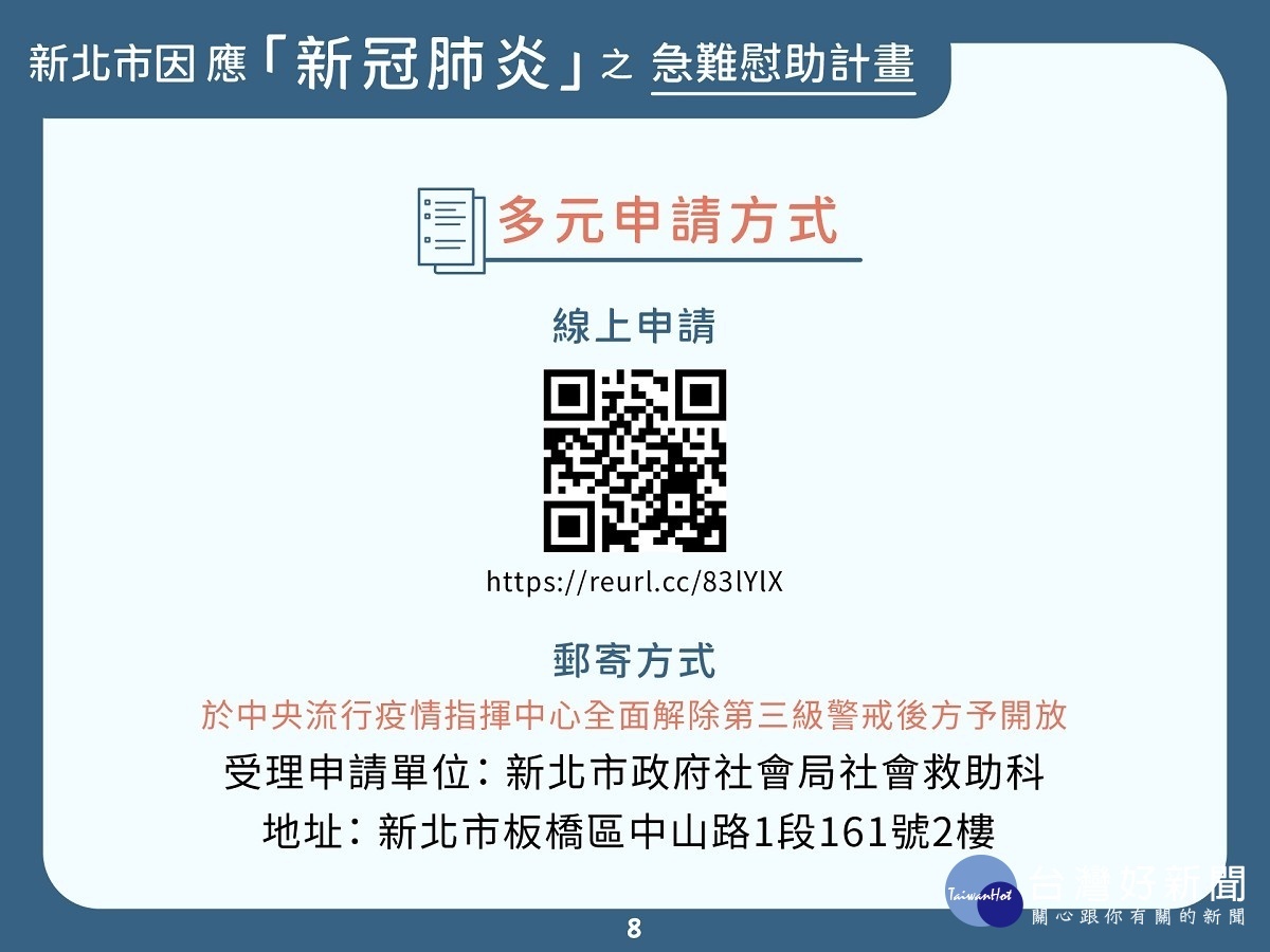 新北市推出急難慰助計畫，每戶補助一萬元，一律採用線上申請，郵寄申請要等3級警戒解除