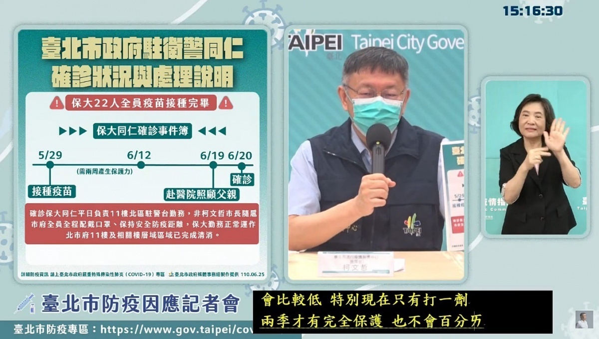 台北市府25日傳出有駐衛警感染新冠肺炎，且該員警支援市長室維安勤務。台北市長柯文哲亦證實，該警員其實5月29日已接種過AZ疫苗第一劑。（圖／柯文哲YouTube）