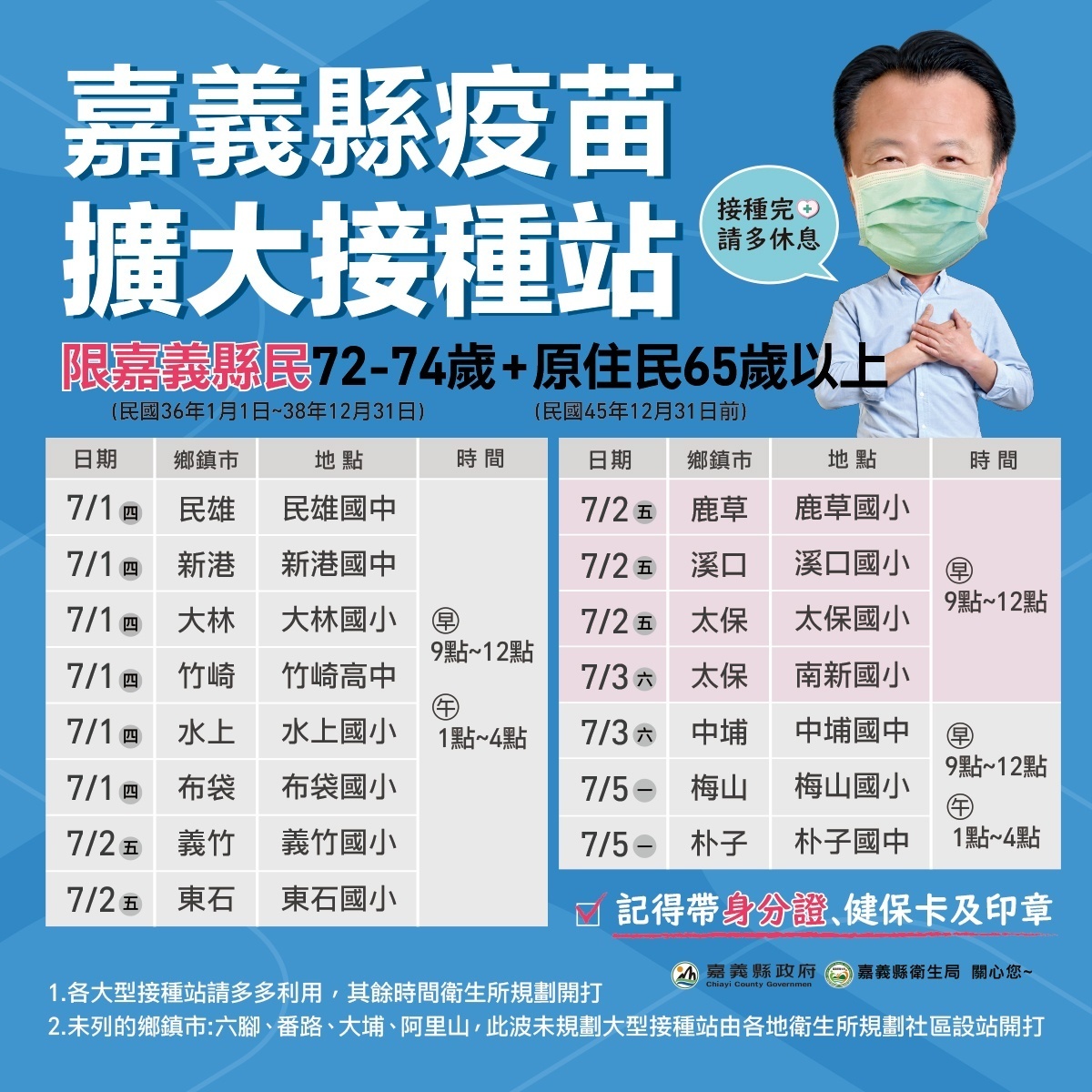 嘉義縣疫苗擴大接種站開放時間／陳致愷翻攝