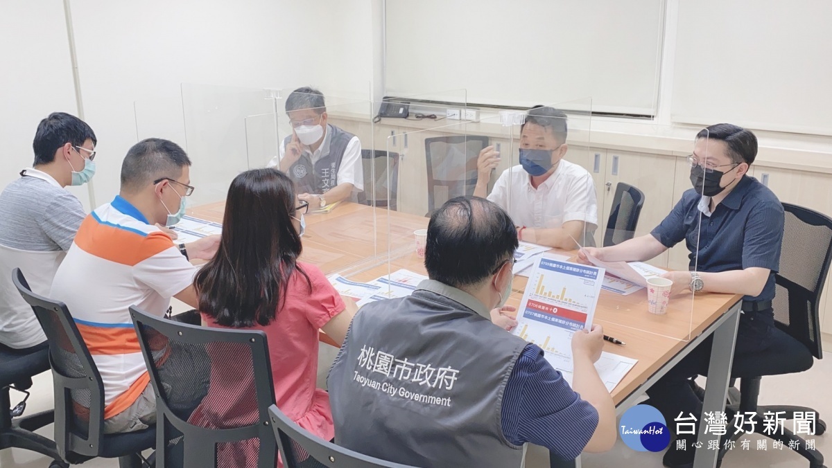 立委魯明哲(正面中)、市議員梁為超(正面右)前往衛生局了解確診突增18人原因,局長王文彥(正面左)提出解釋。圖/市議員梁為超服務處提供