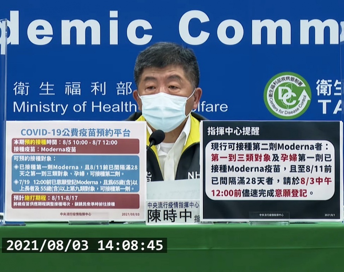 中央流行疫情指揮中心3日在疫情記者會上宣布，將於8月11日至8月17日止，開放新一批莫德納新冠疫苗接種，開放資格為已接種第一劑莫德納，且至8月11日前已間隔滿28天之第一到三類及孕婦等對象。此外這次亦開放7月19日前有意願登記莫德納疫苗，且為65歲以上長者及55歲以上之第九類對象，可接種第一劑。（圖／衛福部疾管署YouTube）