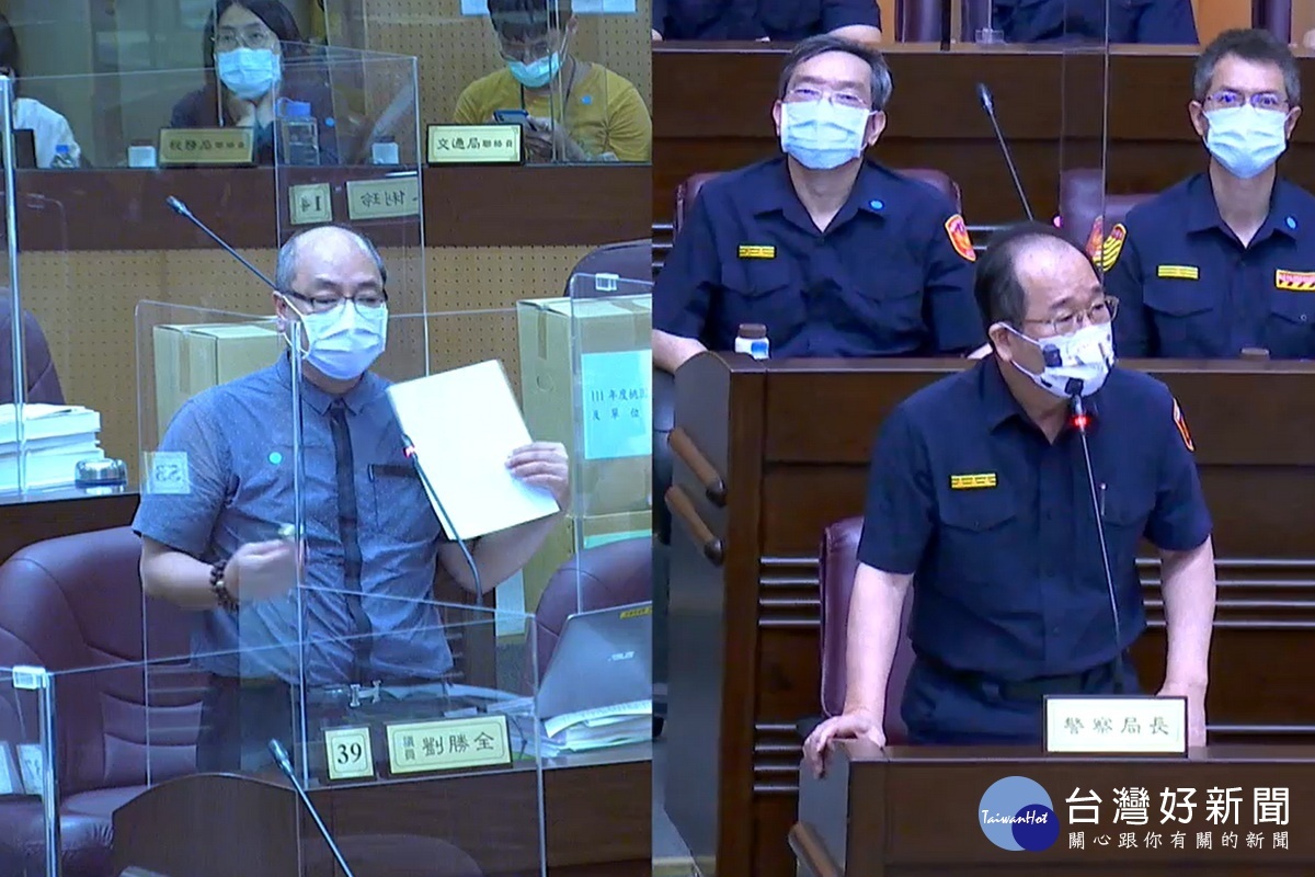 針對桃園市警政治安問題，市議員劉勝全質詢市府警察局長陳國進。