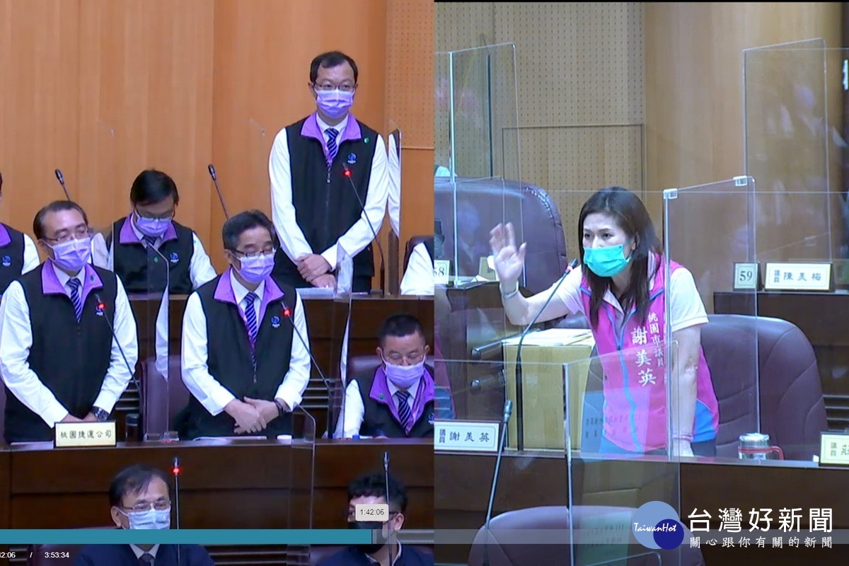 針對桃園捷運公司營運虧損問題,桃園市議員謝美英質詢桃捷董事長劉坤億。